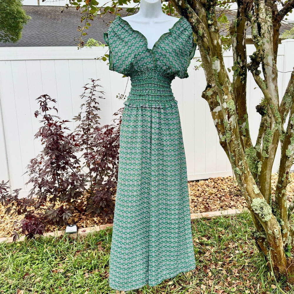 Max Studio London Green Smocked Wide Leg Jumpsuit XS